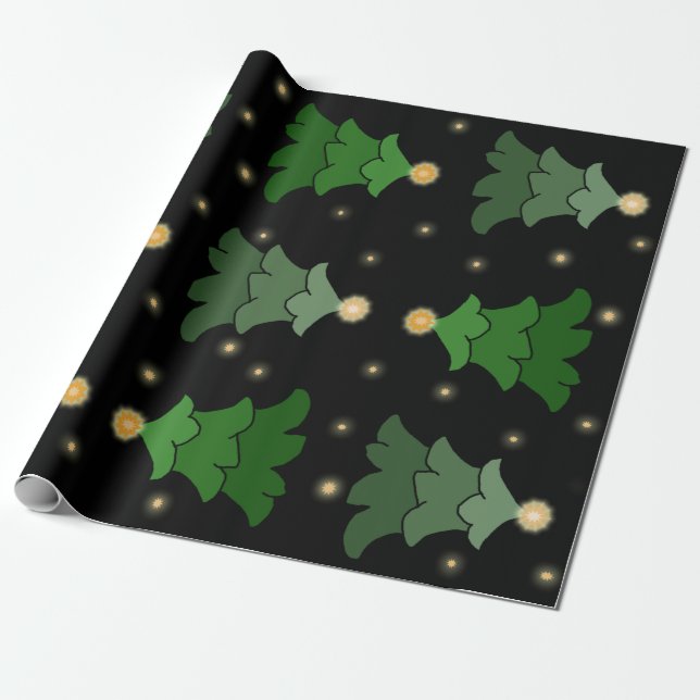 Papel De Regalo Árbol de Navidad con estrellas en negro (Desenrollado)