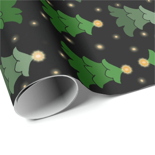 Papel De Regalo Árbol de Navidad con estrellas en negro (Esquina del rollo)