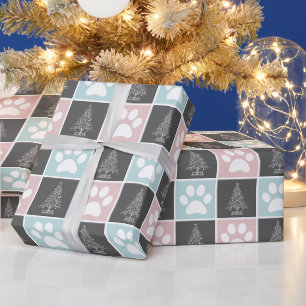 Papel De Regalo Árbol de Navidad con huella de pata rosa y azul