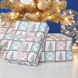 Papel De Regalo Árbol de Navidad con huella de pata rosa y azul