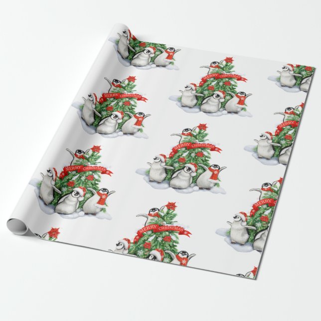 Papel De Regalo Árbol de Navidad con Navidades de pingüinos (Desenrollado)