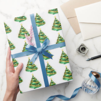 Papel De Regalo Árbol de Navidad con remolino de oro verde esmeral