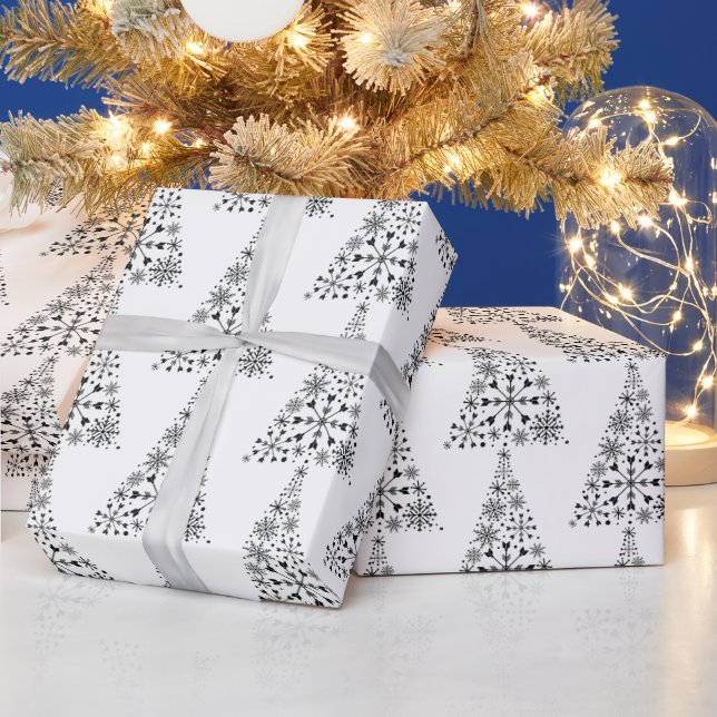 Papel de regalo árbol de Navidad copo de nieve neg (Vacaciones)