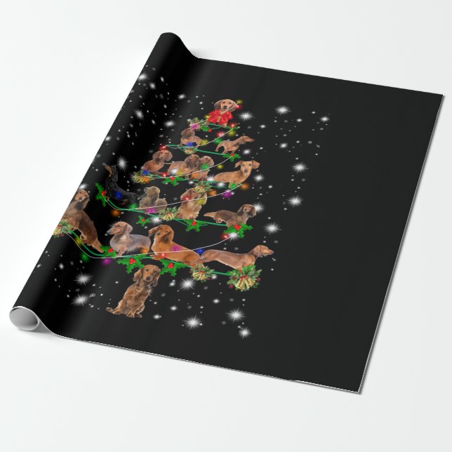 Papel De Regalo Árbol De Navidad De Dachshund Cubierto Con Lámpara (Desenrollado)