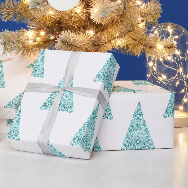 Papel De Regalo Árbol de Navidad de espuma azul de Aqua blanco (Vacaciones)