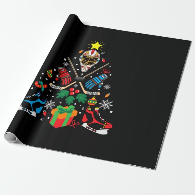 Papel De Regalo Árbol de Navidad de hockey sobre hielo de Feliz Na (Desenrollado)