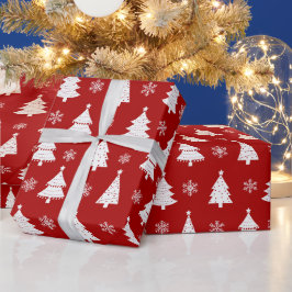 Papel De Regalo Árbol de Navidad de invierno rojo y blanco y copos