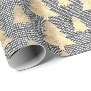 Papel De Regalo Árbol de navidad de lino del gris del oro de la