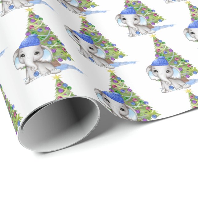 Papel De Regalo Árbol de navidad de niño pequeño elefante (Esquina del rollo)