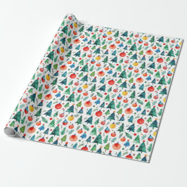 Papel De Regalo Árbol de Navidad de Pino Acuarela Rojo y Verde Ado