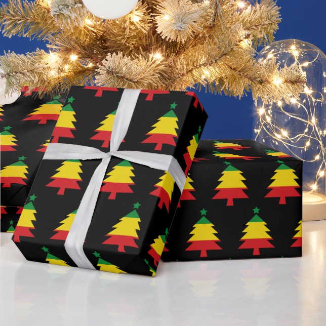 Papel De Regalo Árbol de Navidad de raya negro verde amarillo rojo (Vacaciones)