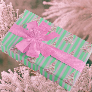 Papel De Regalo Árbol de Navidad de rayas rosadas y verde menta vi
