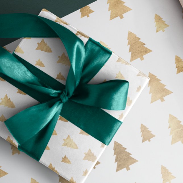 Papel De Regalo Árbol de Navidad dorado blanco de vacaciones (Holidays White Golden Christmas Tree Wrapping Paper)