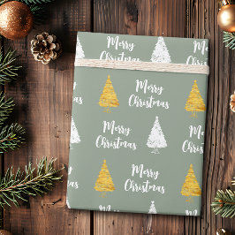 Papel De Regalo Árbol de Navidad dorado blanco verde salvia person