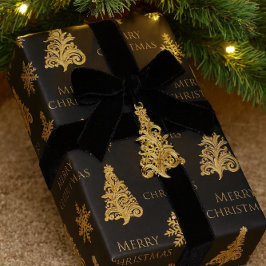Papel De Regalo  Árbol de Navidad dorado Copo de nieve sobre negro
