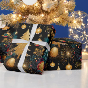 Papel De Regalo Árbol de Navidad dorado de lujo con acentos de azu