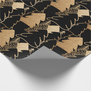 Papel De Regalo Árbol de Navidad Dorado Negro Purpurina Wood