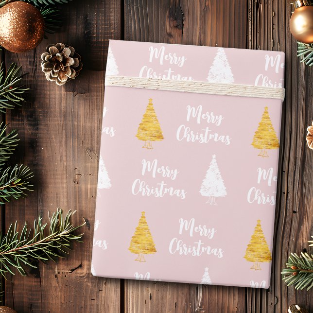 Papel De Regalo Árbol de Navidad dorado rosado blanco personalizad (Subido por el creador)