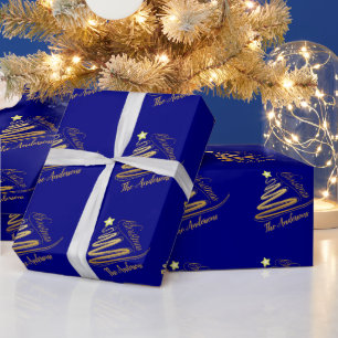 Papel De Regalo Árbol de Navidad elegante azul marino con lámina d