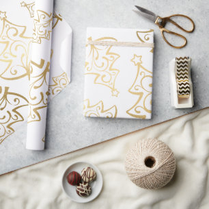 Papel De Regalo Árbol de Navidad Elegante de Hoja de Oro y Blanco
