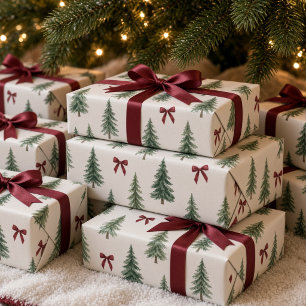 Papel De Regalo Árbol de Navidad en acuarela vintage con lazo borg