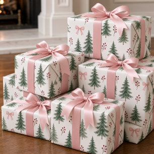 Papel De Regalo Árbol de Navidad en acuarela vintage con lazo de c
