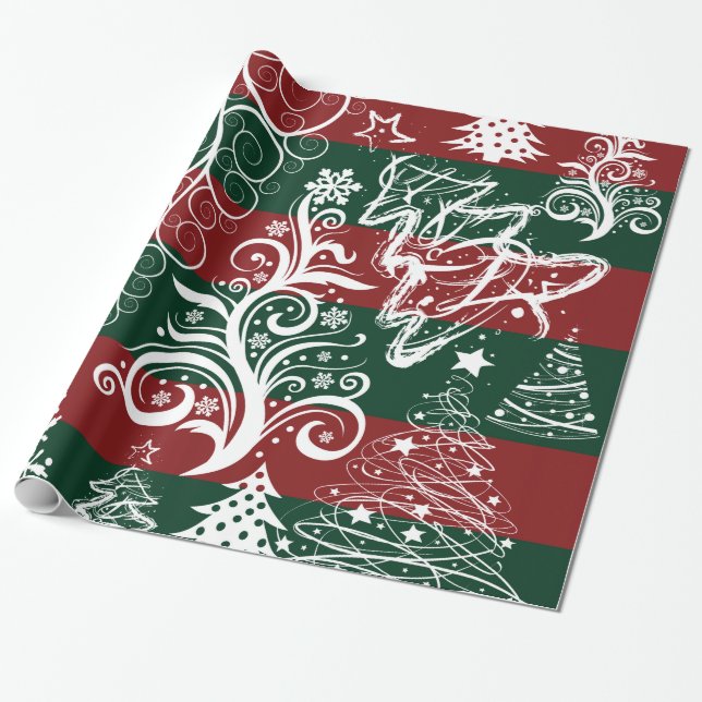 Papel De Regalo Árbol de Navidad festivo rojo raya verde (Desenrollado)