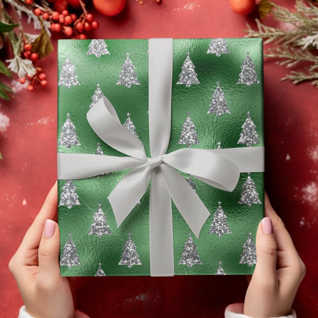 Papel De Regalo Árbol de Navidad Glam Plata Verde con Purpurina (Subido por el creador)