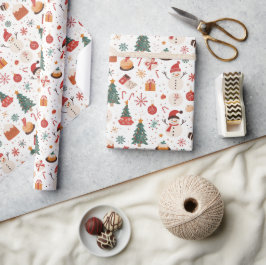 Papel De Regalo Árbol de Navidad, hombre de nieve y regalos Navida