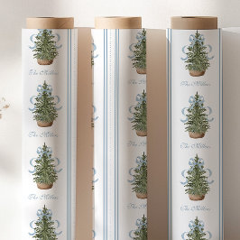 Papel De Regalo Árbol de Navidad Lazo Elegante Azul Navidad