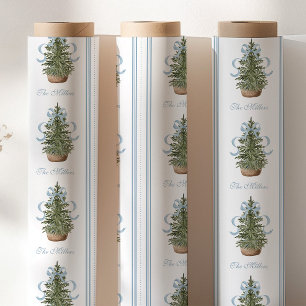 Papel De Regalo Árbol de Navidad Lazo Elegante Azul Navidad