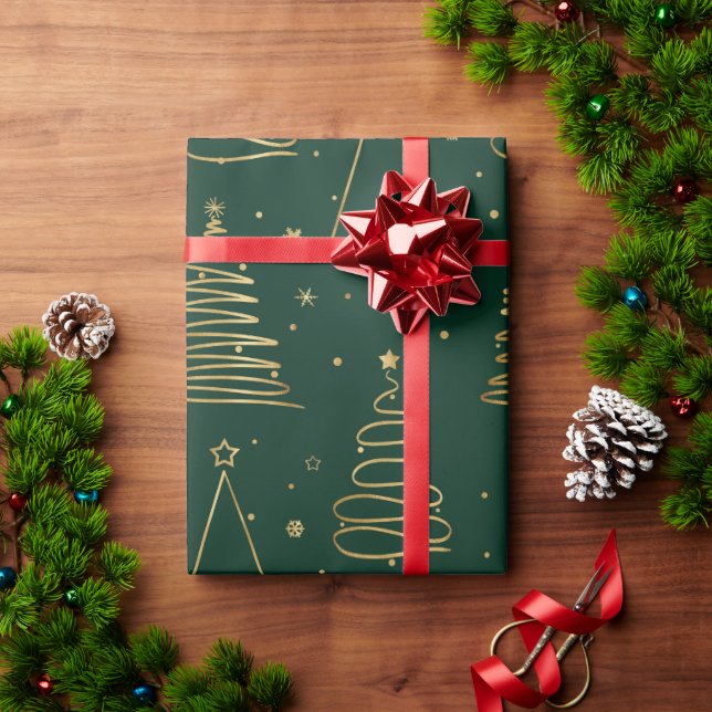 Papel De Regalo Árbol de Navidad mínimo de oro verde (Regalo de vacaciones)