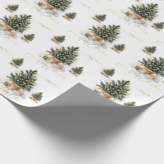 Papel De Regalo Árbol de Navidad moderno elegante dorado y acuarel