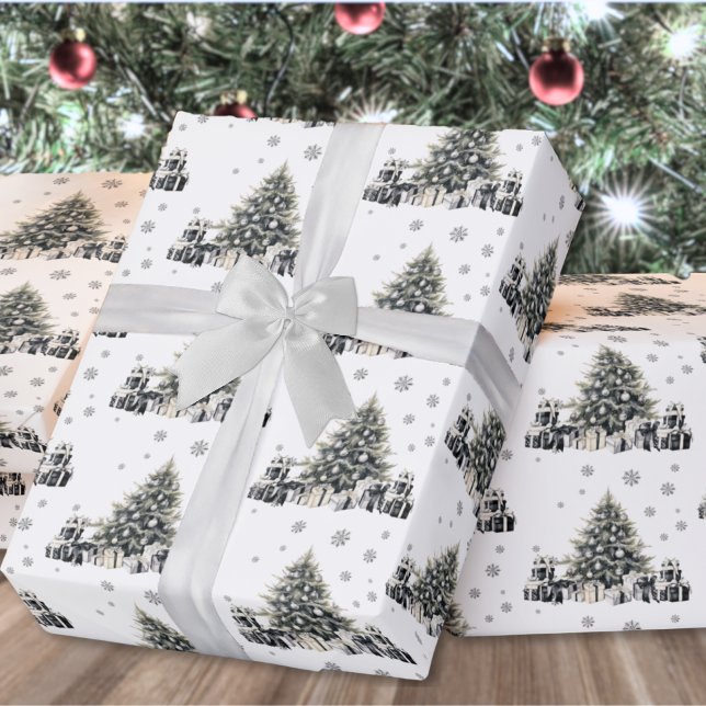 Papel De Regalo Árbol de Navidad negro blanco elegante (Black White Elegant Christmas Tree Wrapping Paper)