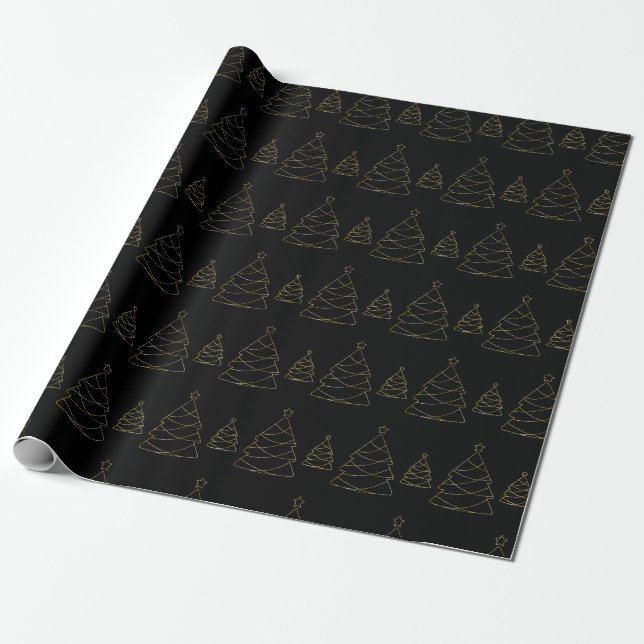 Papel De Regalo Árbol de Navidad Negro y Oro de Moda (Desenrollado)