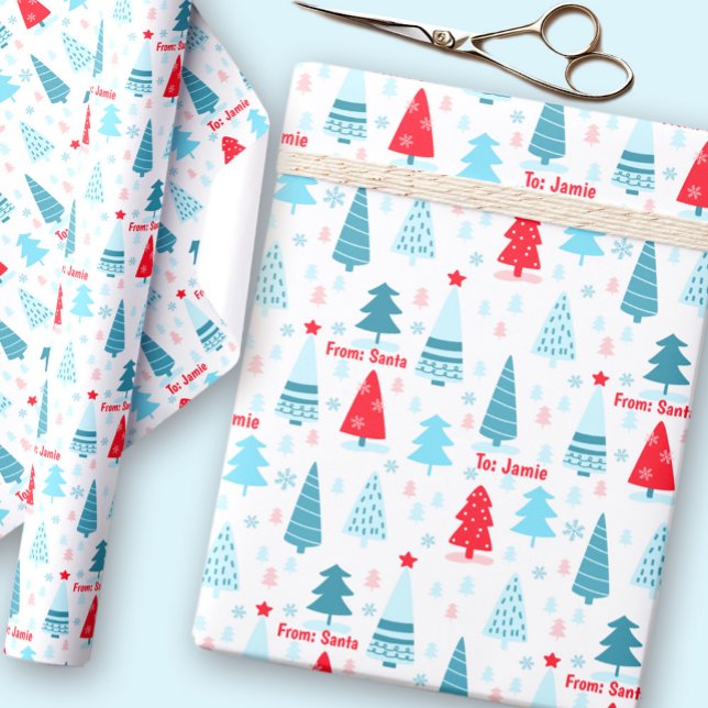 Papel De Regalo Árbol de Navidad Nombre Nórdico Simple Rojo Azul (Christmas Tree Nordic Simple Blue Red Custom Name Wrapping Paper)