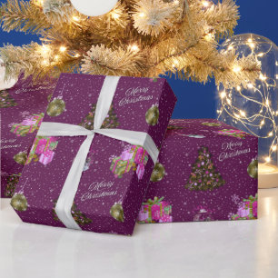 Papel De Regalo Árbol de Navidad, ornamentos y regalos color púrpu