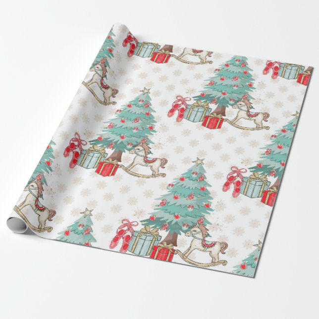 Papel De Regalo Árbol de Navidad, regalos y caballo balanceado (Desenrollado)