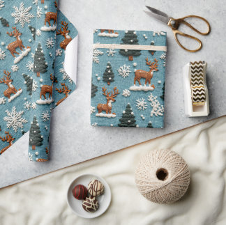 Papel De Regalo Árbol de Navidad Reno Hilo Tejido Invierno
