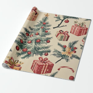 Papel De Regalo Árbol de Navidad Retro Rojo Verde Crema Fiesta