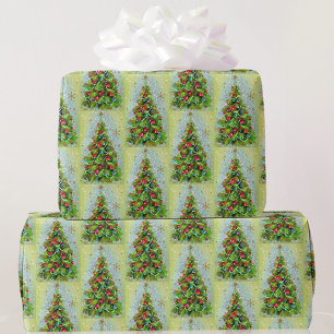 Papel De Regalo Árbol de Navidad retro verde y rojo