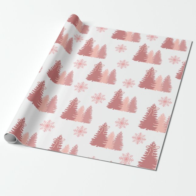 Papel De Regalo Árbol De Navidad Rosa Con Patrón De Copos De Nieve (Desenrollado)