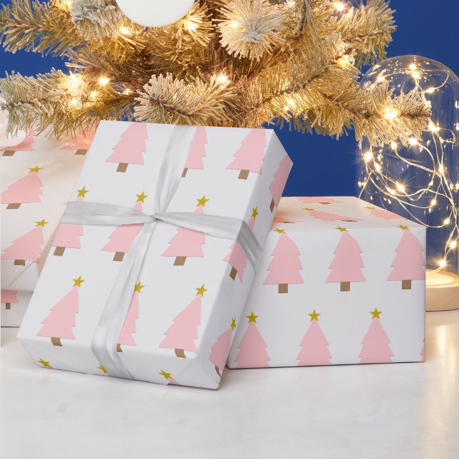 Papel De Regalo Árbol de Navidad rosa y estrella dorada, lado a la (Vacaciones)