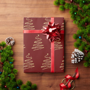 Papel De Regalo Árbol de Navidad tradicional metálico dorado rojo