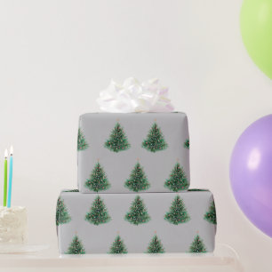 Papel De Regalo Árbol de Navidad verde de acuarela gris vintage