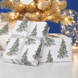 Papel De Regalo Árbol de Navidad Verde Rosa Rubor de Boho Blanco