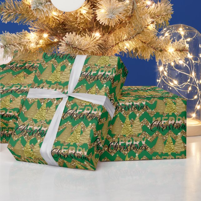 Papel De Regalo Árbol de navidad verde y purpurina dorado (Vacaciones)