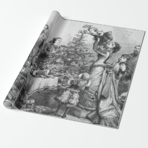 Papel De Regalo Árbol de Navidad Victoriano Familia Antigüedad Nav