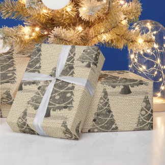 Papel De Regalo Árbol de Navidad Vintage en Arpillera Vacaciones d