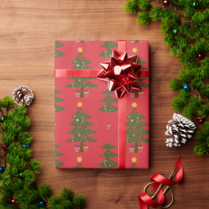 Papel De Regalo Árbol de Navidad y estrella con fondo rojo
